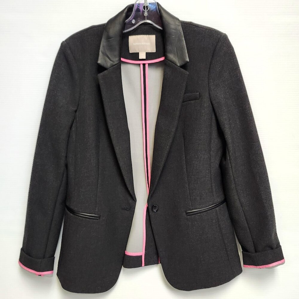 Banana Republic Women's Grey Single Button Blazer W/Faux Leather Trim Size 10